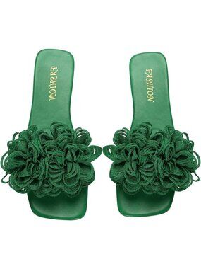 Women's 3D Floral Flat Sandals Green Square Open Toe PU Leather Slip on Slides